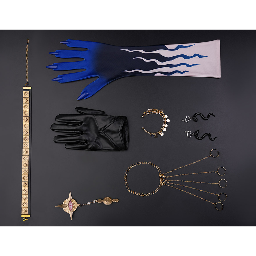 Wuthering Waves Gabrielle Cosplay Costume, includes necklace, gloves, bracelet, rings, chest accessory chain, finger chain.
