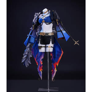 Wuthering Waves Gabrielle Cosplay Costume, black and deep blue outfit with gold decorations, right side view.