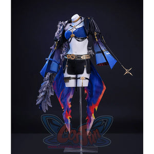 Wuthering Waves Gabrielle Cosplay Costume, black and deep blue outfit with gold decorations, right side view.