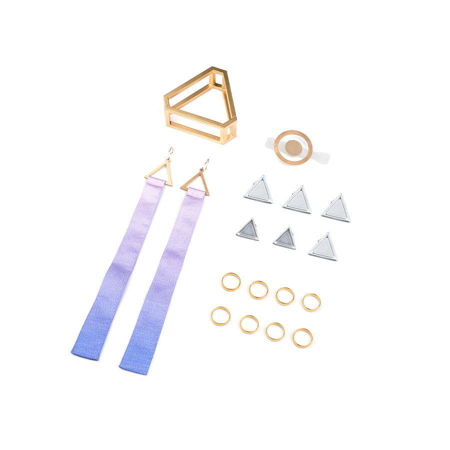 Mornye cosplay accessories set including earrings, hair ornaments, bracelets, and gold rings