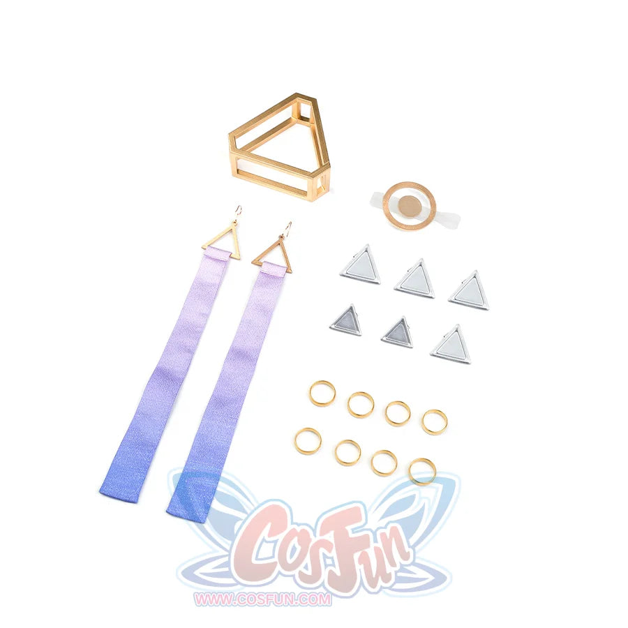 Mornye cosplay accessories set including earrings, hair ornaments, bracelets, and gold rings
