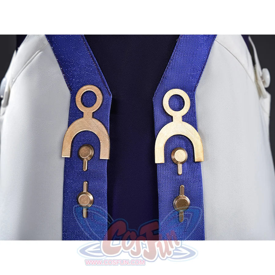 Mornye cosplay costume back with blue ribbon straps and gold circular ornaments on white coat