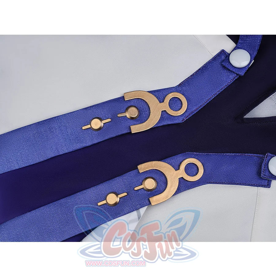 Mornye cosplay costume blue ribbon detail with gold circular decorations and white button fastener