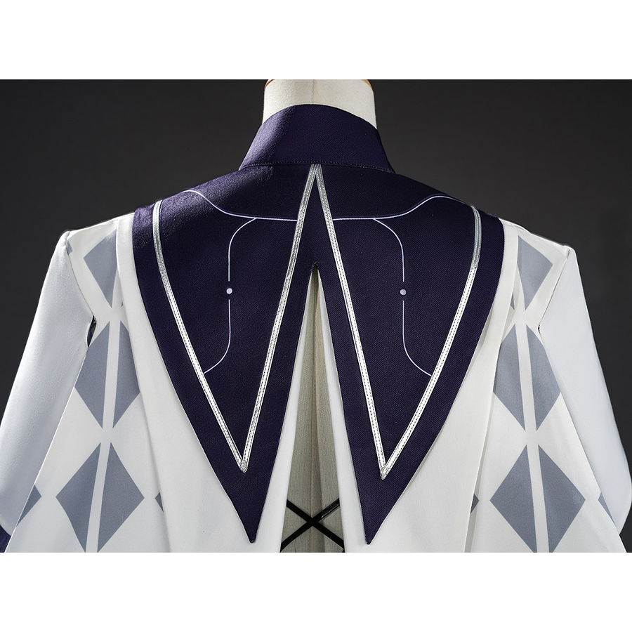 Mornye cosplay costume back view showing black collar with white trim and diamond lattice pattern