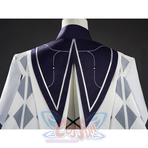 Mornye cosplay costume back view showing black collar with white trim and diamond lattice pattern