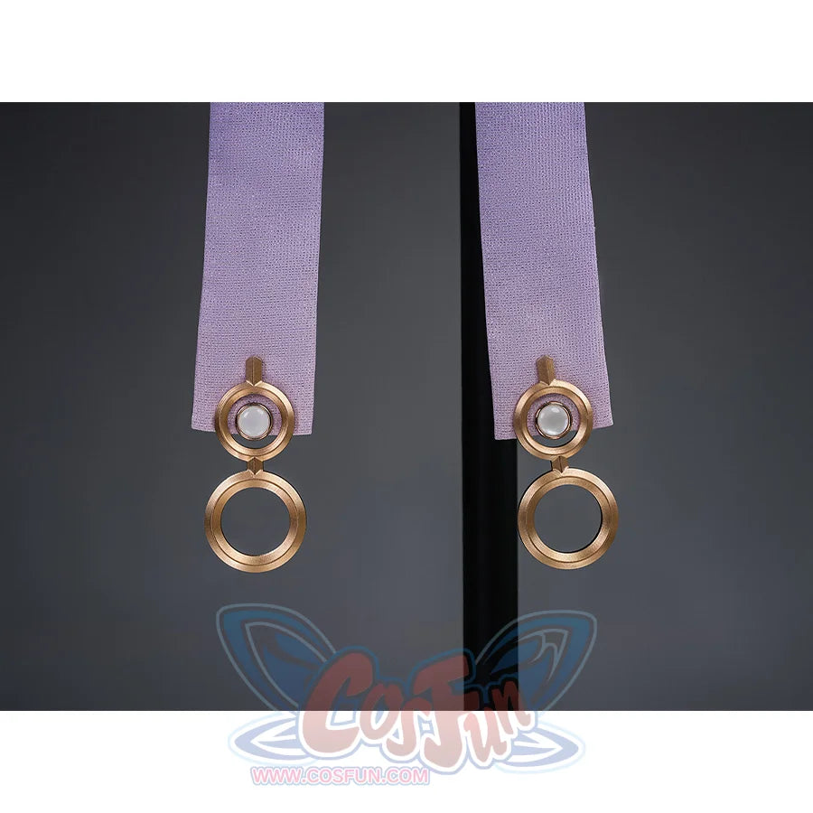Mornye cosplay purple ribbon straps with gold circular rings and pearl details on gray background