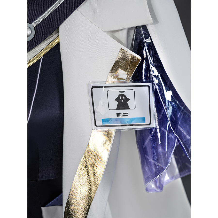 Mornye cosplay costume card holder accessory with icon design, barcode, attached to white coat