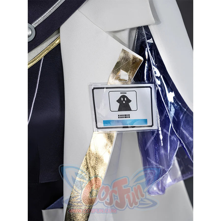 Mornye cosplay costume card holder accessory with icon design, barcode, attached to white coat