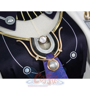 Mornye cosplay costume chest ornament detail featuring gold trim, silver gem, and purple accent