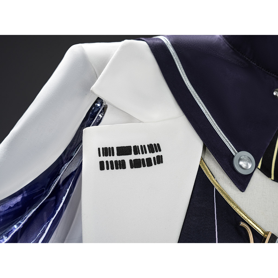 Mornye cosplay costume white coat collar detail with black text markings and purple sleeve trim