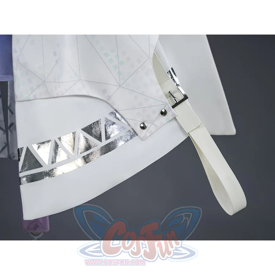 Mornye cosplay white coat hem with diamond lattice pattern, silver buttons, and text detail