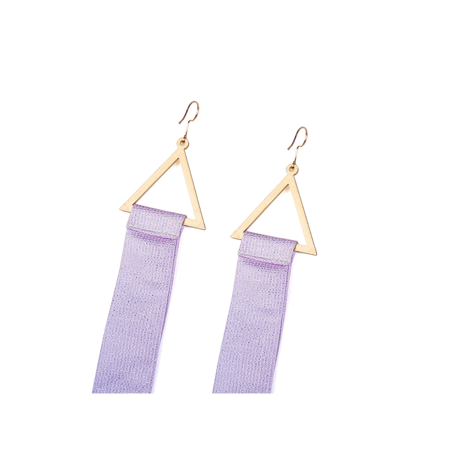 Mornye cosplay costume earrings with gold triangular frames and purple gradient tassel details