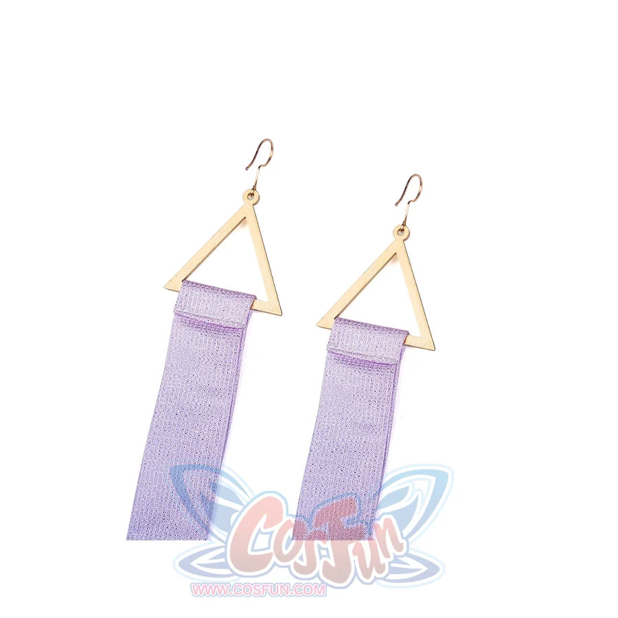 Mornye cosplay costume earrings with gold triangular frames and purple gradient tassel details