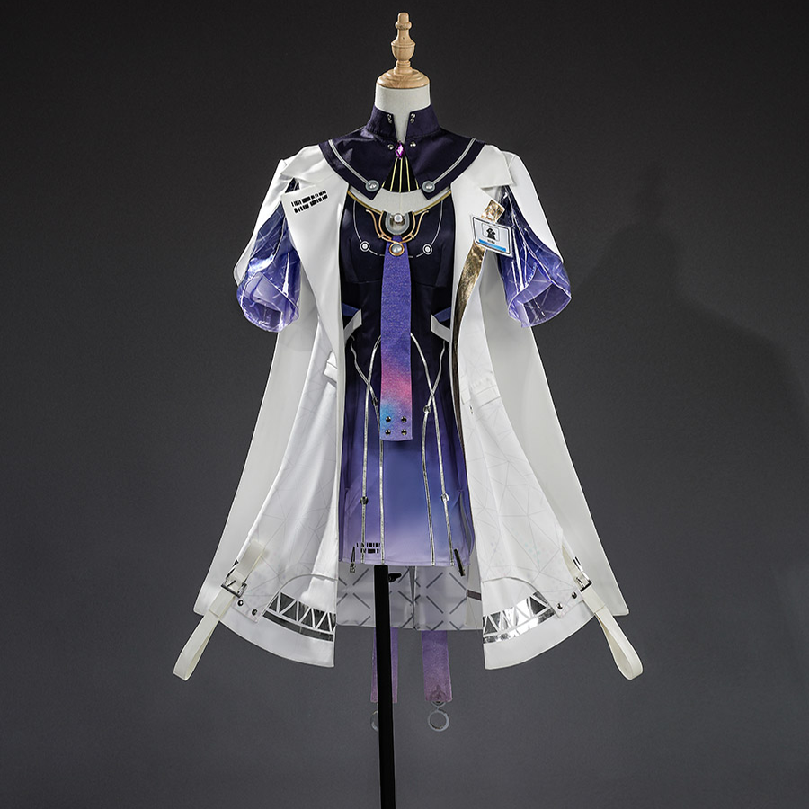Mornye cosplay costume full front view with white coat, purple dress, black collar, gradient details