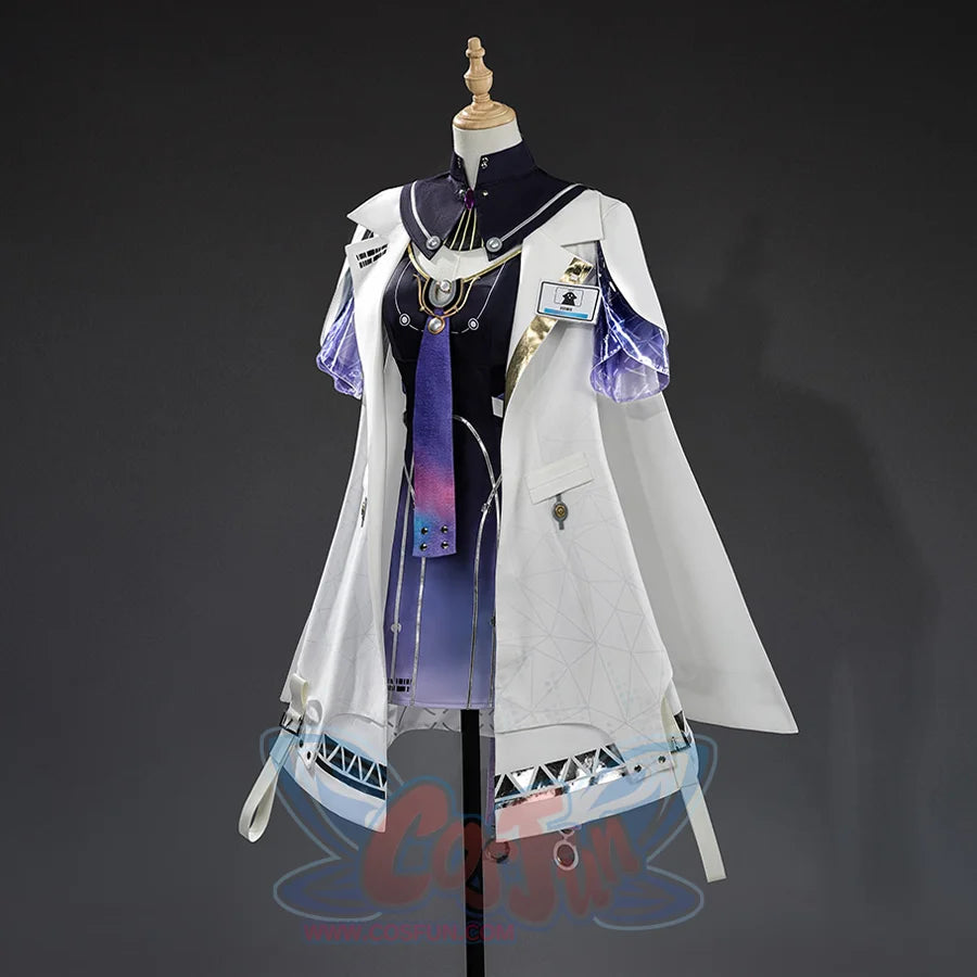 Mornye cosplay costume left side view with white coat, purple gradient dress, black collar, purple sleeves