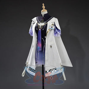 Mornye cosplay costume left side view with white coat, purple gradient dress, black collar, purple sleeves