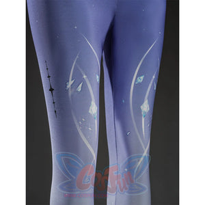 Mornye cosplay pantyhose close-up showing blue gradient legs with white decorative pattern accents