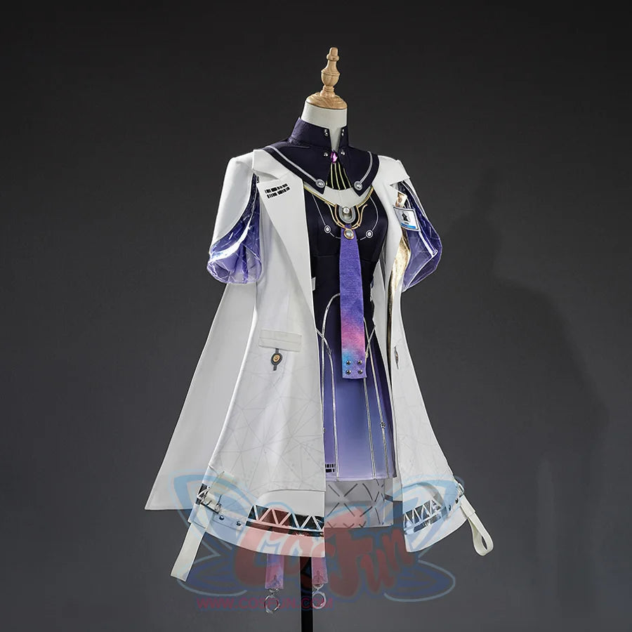 Mornye cosplay costume right side view with white coat, purple sleeves, black collar, gradient dress