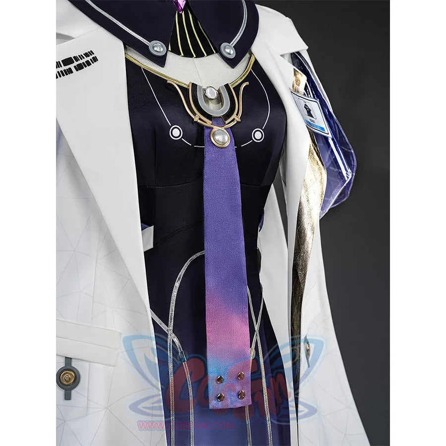 Mornye cosplay costume with purple gradient tie, black collar, gold necklace, and white coat detail
