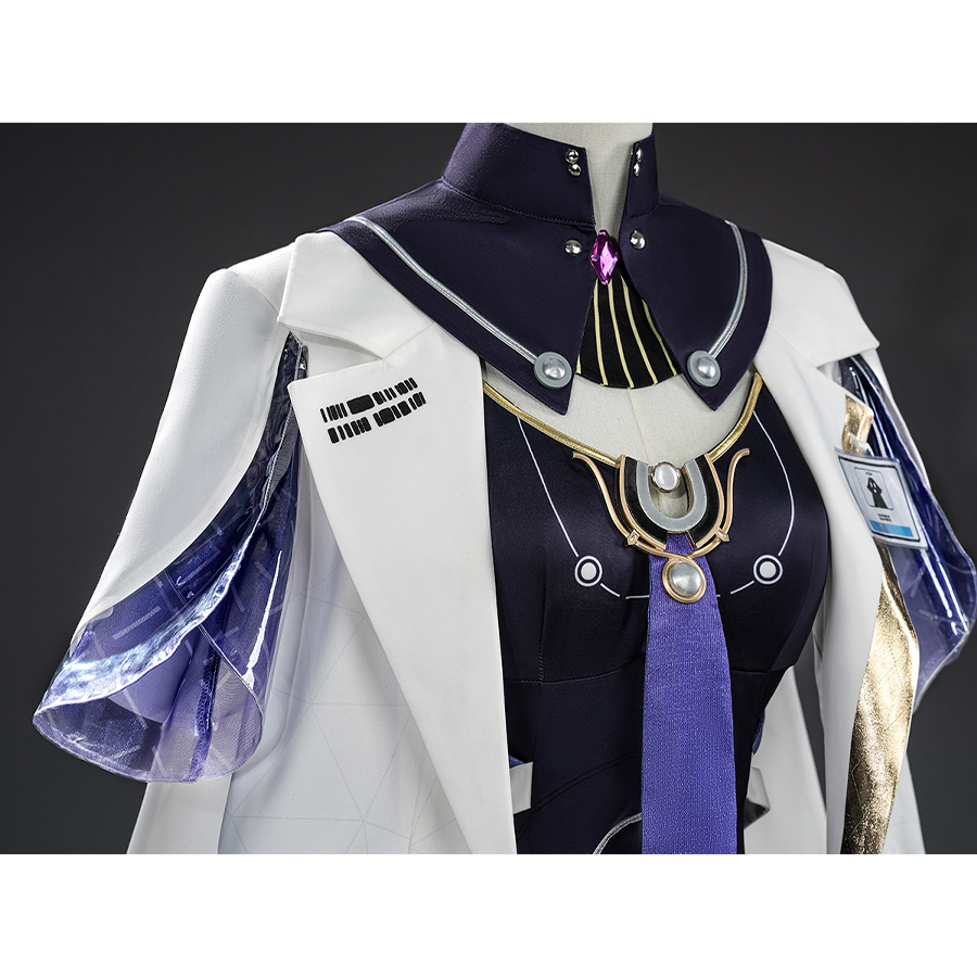 Mornye cosplay upper body with black collar, purple gem, gold necklace, white coat, purple tie detail