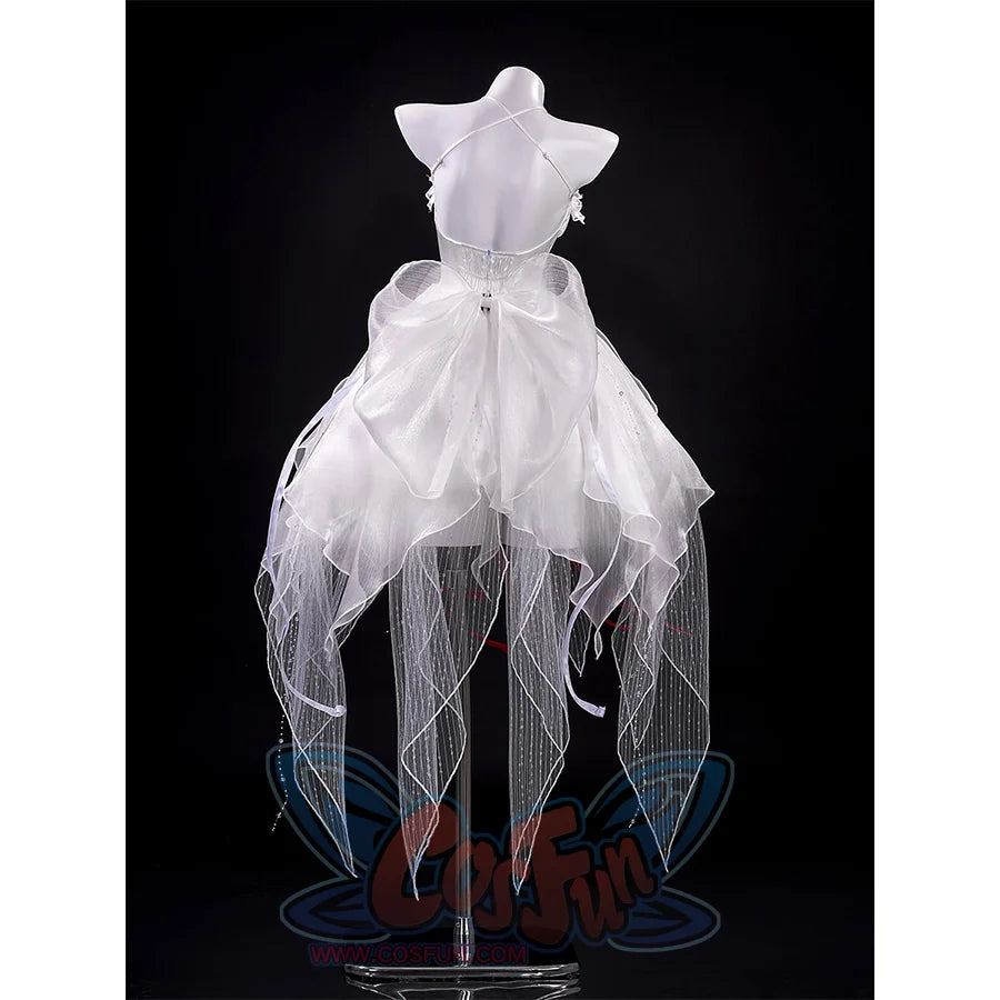 Wuthering Waves Phrolova cosplay costume back view with white layered skirt and dark feathered details