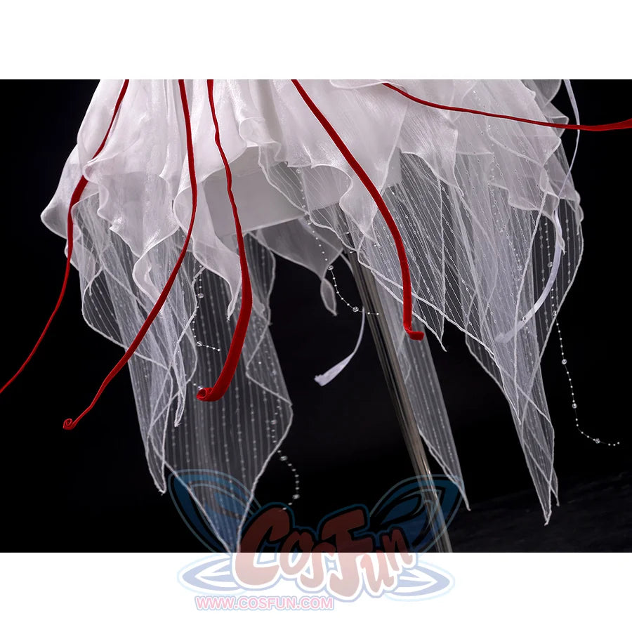Phrolova cosplay costume skirt detail with beaded chains, black feathers and red ribbons