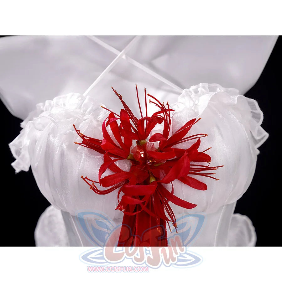 Phrolova cosplay costume red ribbon flower corsage detail on white ruffled bodice close-up