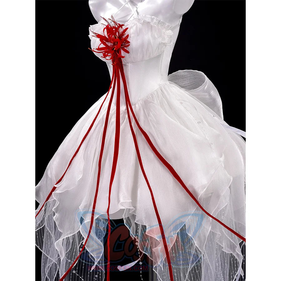Phrolova cosplay costume showing red ribbon detail flowing from chest to skirt with feathers