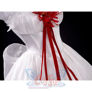 Phrolova cosplay costume white dress with red ribbon decoration flowing from waist area
