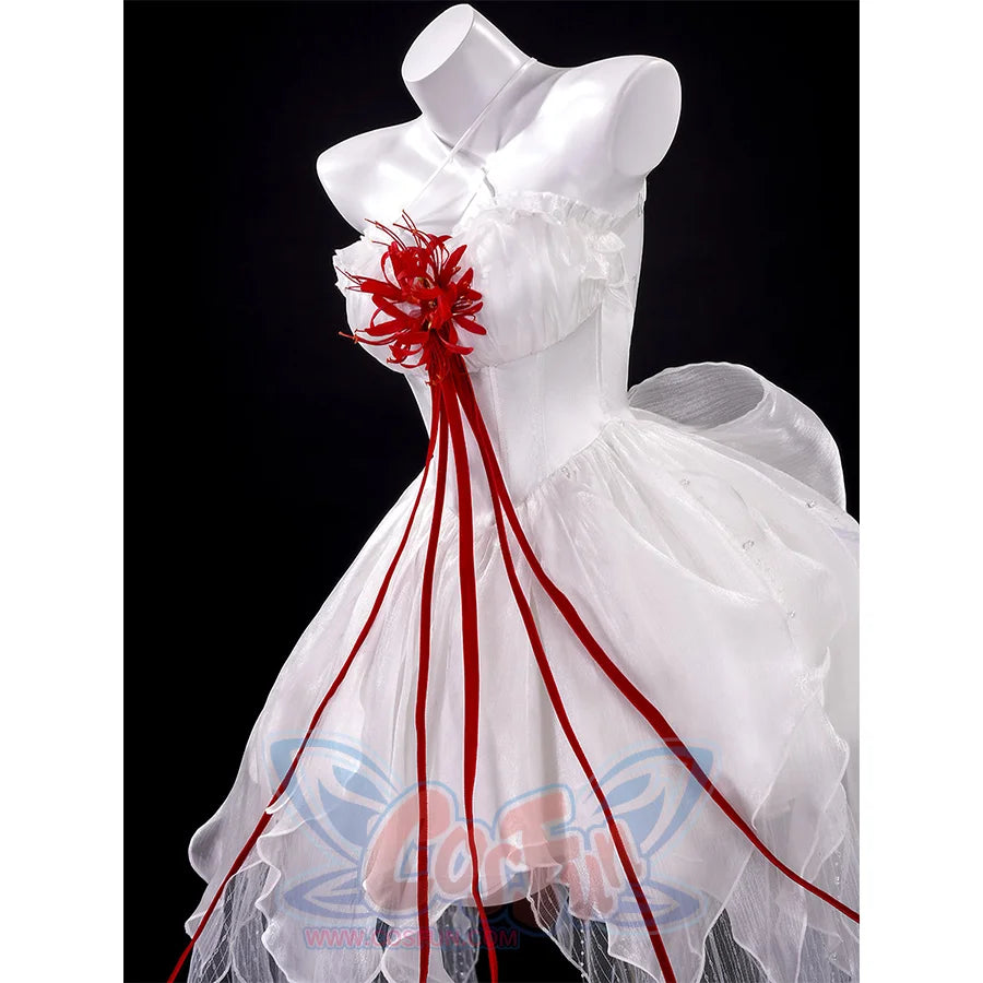 Phrolova cosplay costume dress detail showing white bodice with red ribbon flower decoration