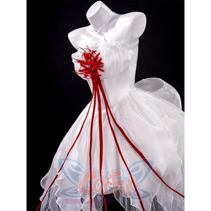 Phrolova cosplay costume dress detail showing white bodice with red ribbon flower decoration