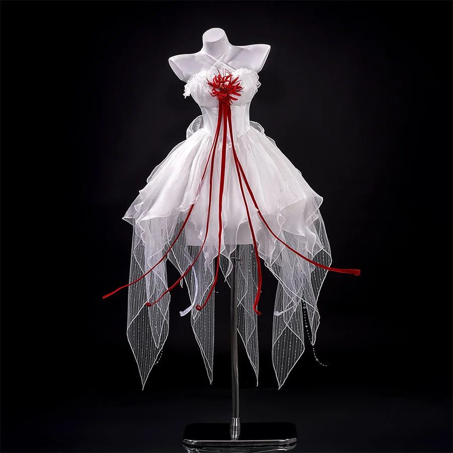 Wuthering Waves Phrolova cosplay costume front view featuring white dress with red ribbons and black feathers