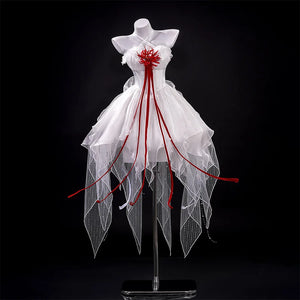Wuthering Waves Phrolova cosplay costume front view featuring white dress with red ribbons and black feathers