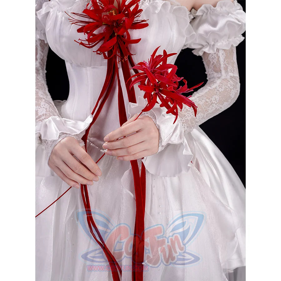 Phrolova cosplay costume red flower prop accessory held with white dress background