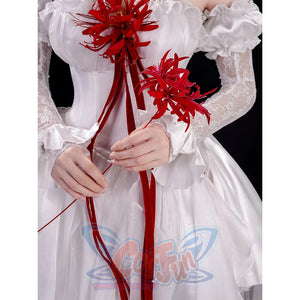 Phrolova cosplay costume red flower prop accessory held with white dress background