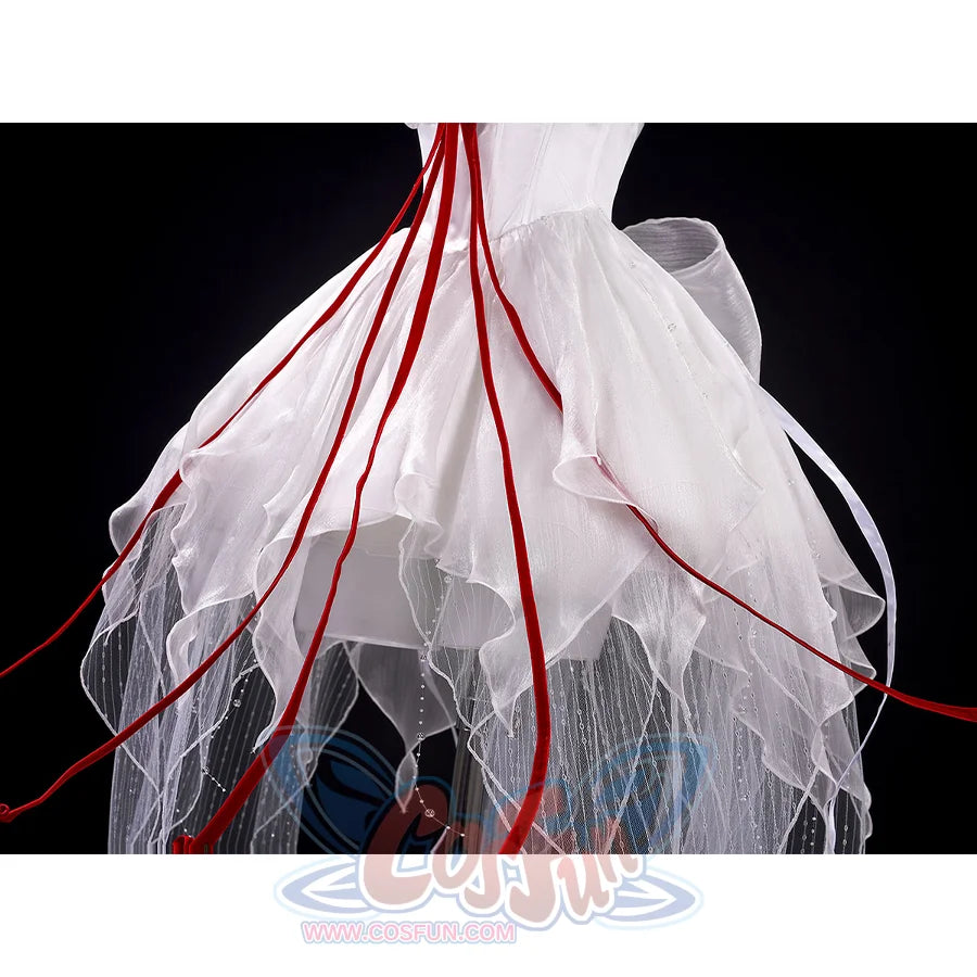 Phrolova cosplay costume skirt hem with white ruffled layers, black feathers and red ribbons