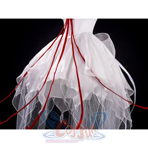 Phrolova cosplay costume skirt hem with white ruffled layers, black feathers and red ribbons