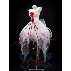 Phrolova cosplay costume left side view showcasing red ribbon detail and feathered skirt with white dress