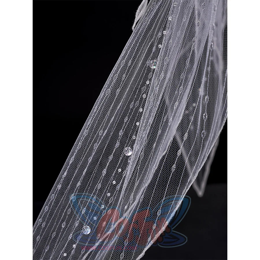 Phrolova cosplay costume black feather mesh layer with beaded embellishment close-up view