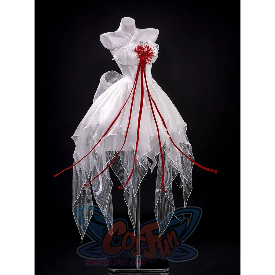 Phrolova cosplay costume right side view displaying elegant white dress with red ribbons and feathers