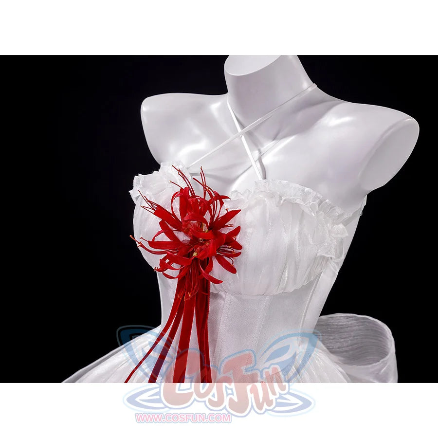 Phrolova cosplay costume upper body view with white bodice and red ribbon flower on chest