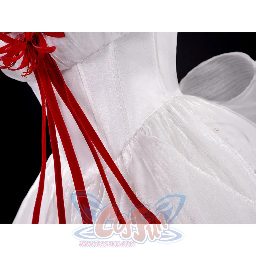 Phrolova cosplay white dress waist detail with red ribbons flowing from chest decoration