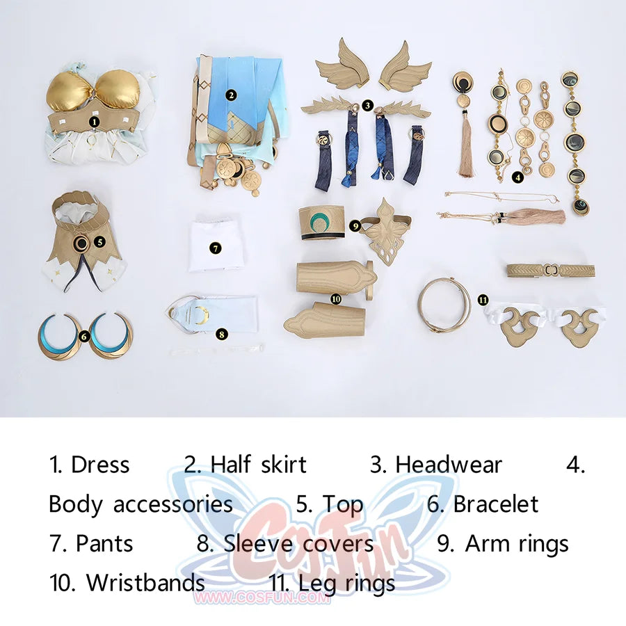 Wuthering Waves Yuno Cosplay Costume, includes dress, half skirt, headwear, body accessories, top, bracelet, pants, sleeve covers, arm rings, leg rings, wristbands.