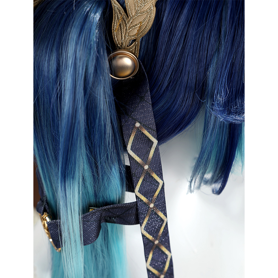 Wuthering Waves Yuno Cosplay Costume, navy headband with gold printed patterns.