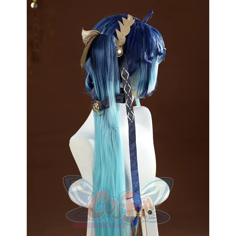 Wuthering Waves Yuno Cosplay Costume, gold winged headdwear and dark blue headband, side view.
