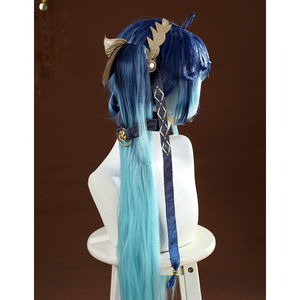 Wuthering Waves Yuno Cosplay Costume, gold winged headdwear and dark blue headband, side view.
