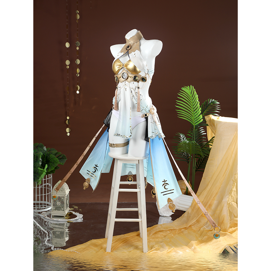 Wuthering Waves Yuno Cosplay Costume, blue and white outfit with gold decorations, front view.