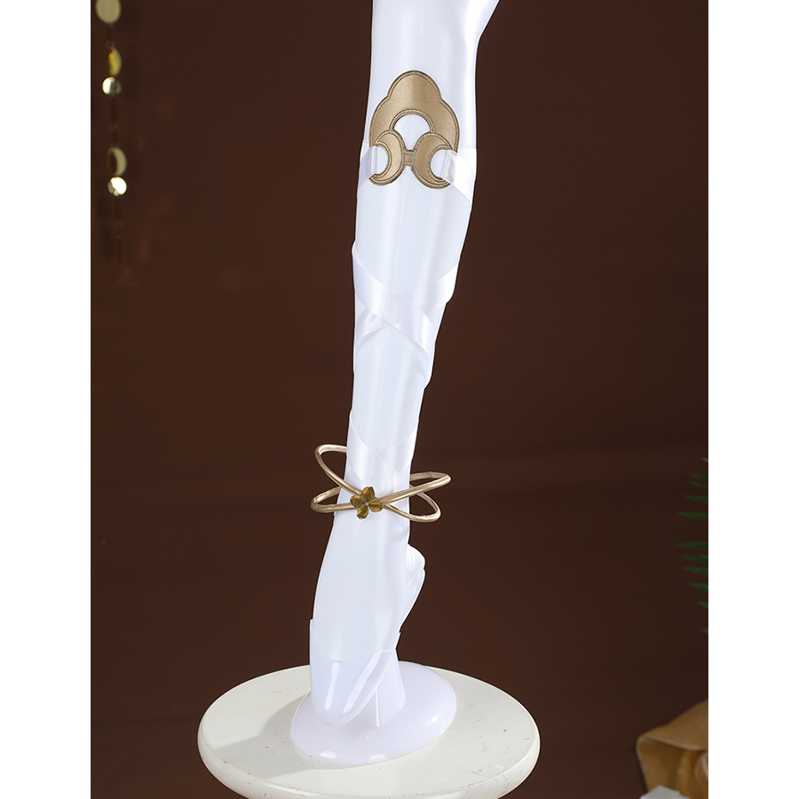 Wuthering Waves Yuno Cosplay Costume, gold leg rings and white straps.