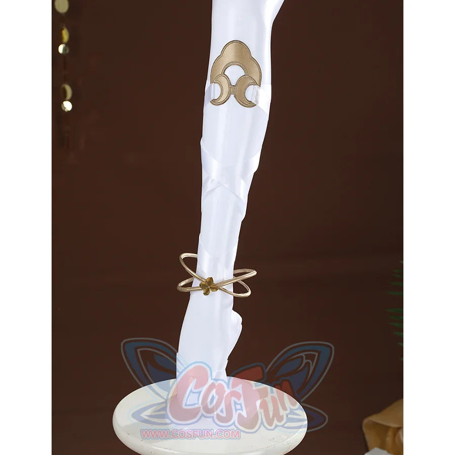 Wuthering Waves Yuno Cosplay Costume, gold leg rings and white straps.