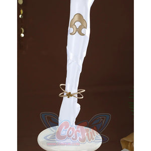 Wuthering Waves Yuno Cosplay Costume, gold leg rings and white straps.